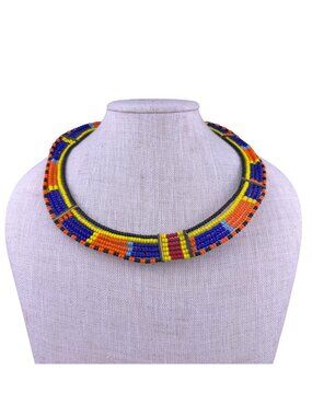 Maasai Unisex Multicolor Beaded Collar Necklace Statement Piece Vintage